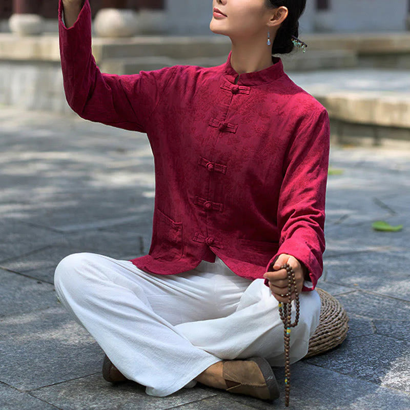 Buddha Stones Frog-Button Long Sleeve Cotton Jacquard Women's Shirt Pants With Pockets