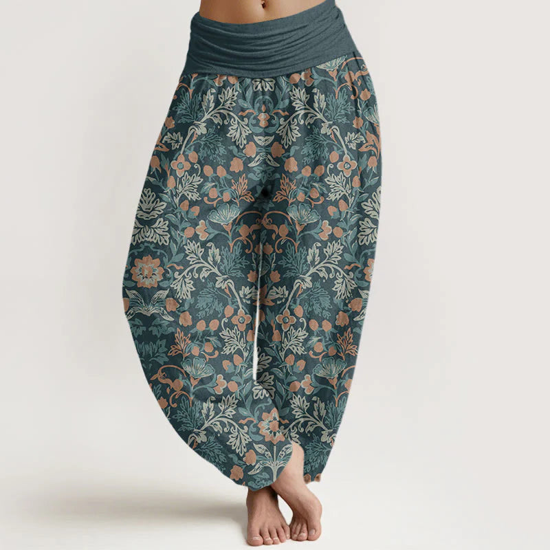 Buddha Stones Cotton Casual Flower Vine Leaves Pattern Women's Elastic Waist Harem Pants