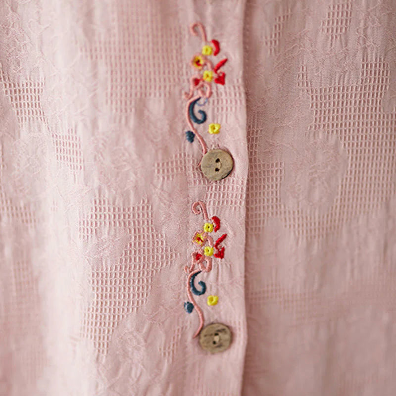 Buddha Stones Spring Plain Embroidered Flower Pattern Button Women's Long Sleeve Cotton Lapel Shirt
