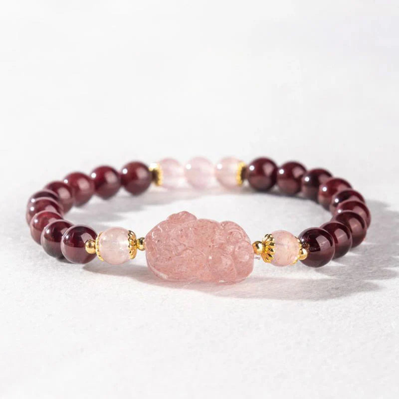 Buddha Stones Garnet Strawberry Quartz Pixiu Lucky Bracelet