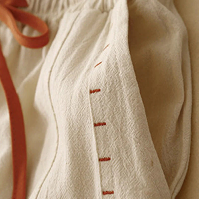 Buddha Stones Casual Simple Design Drawstring Split Cotton Linen Women's Wide Leg Pants With Pockets
