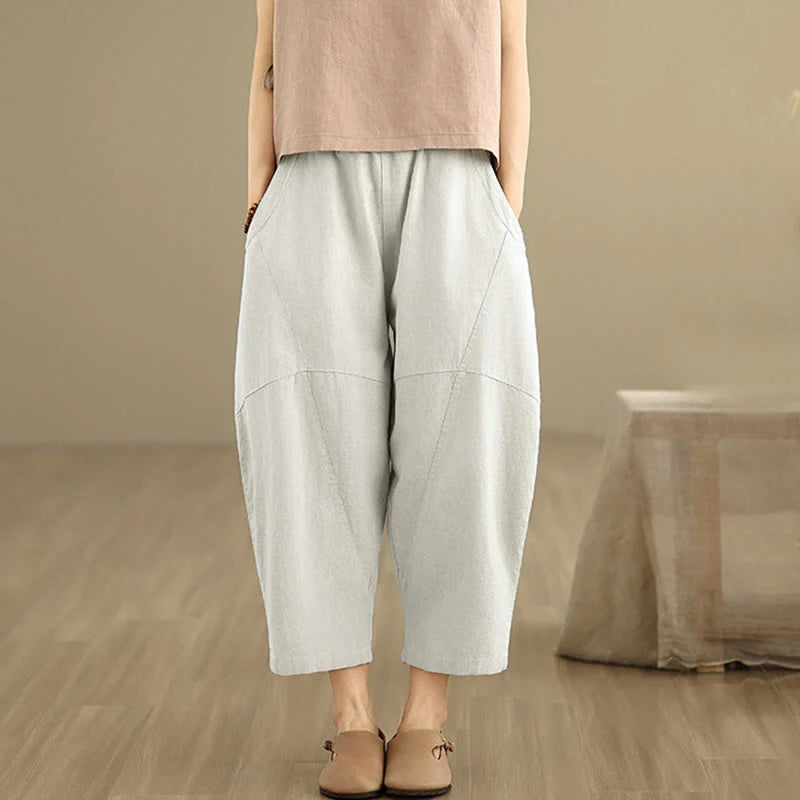 Buddha Stones Spring 7-8 Length Solid Color Women's Cotton Linen Harem Pants With Pockets