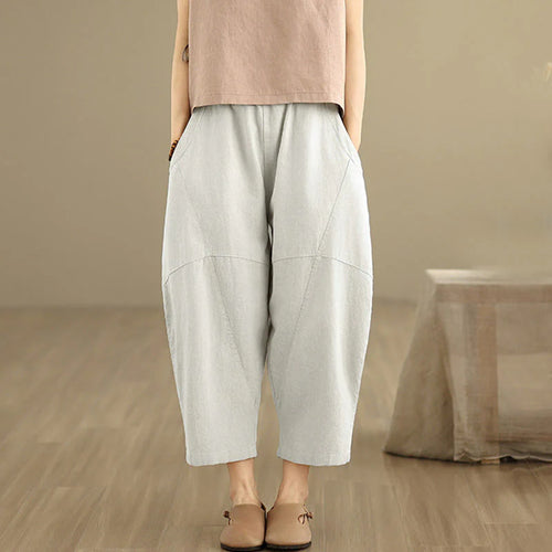 Buddha Stones Spring 7-8 Length Solid Color Women's Cotton Linen Harem Pants With Pockets