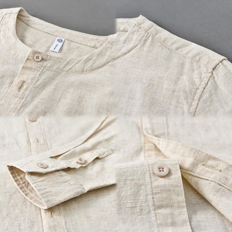 Buddha Stones Men's Spring Pure Color Stand Collar Cotton Linen Long Sleeve Shirt