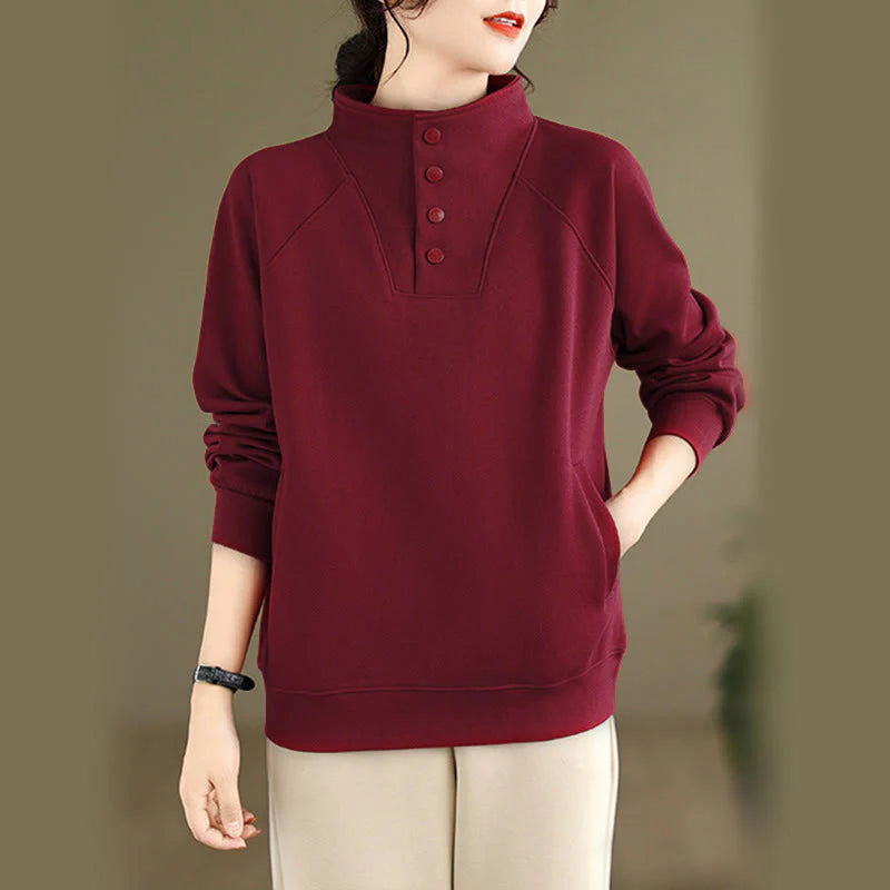 Buddha Stones Fall Solid Stand Collar Buttons Design Long Sleeve Women's Cotton Sweatshirt