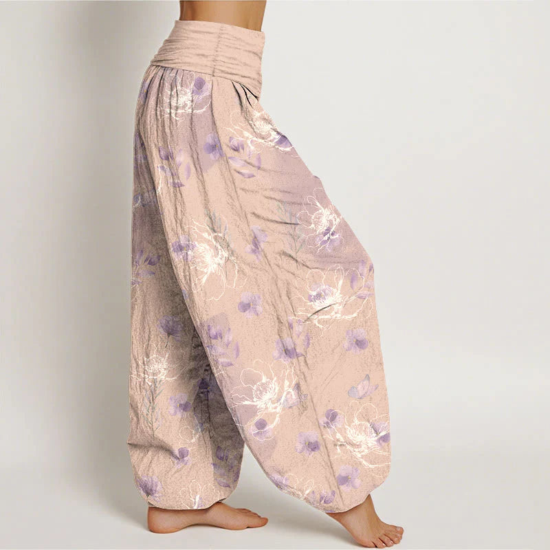 Buddha Stones Cotton Exquisite Retro Flower Pattern Women's Elastic Waist Harem Pants
