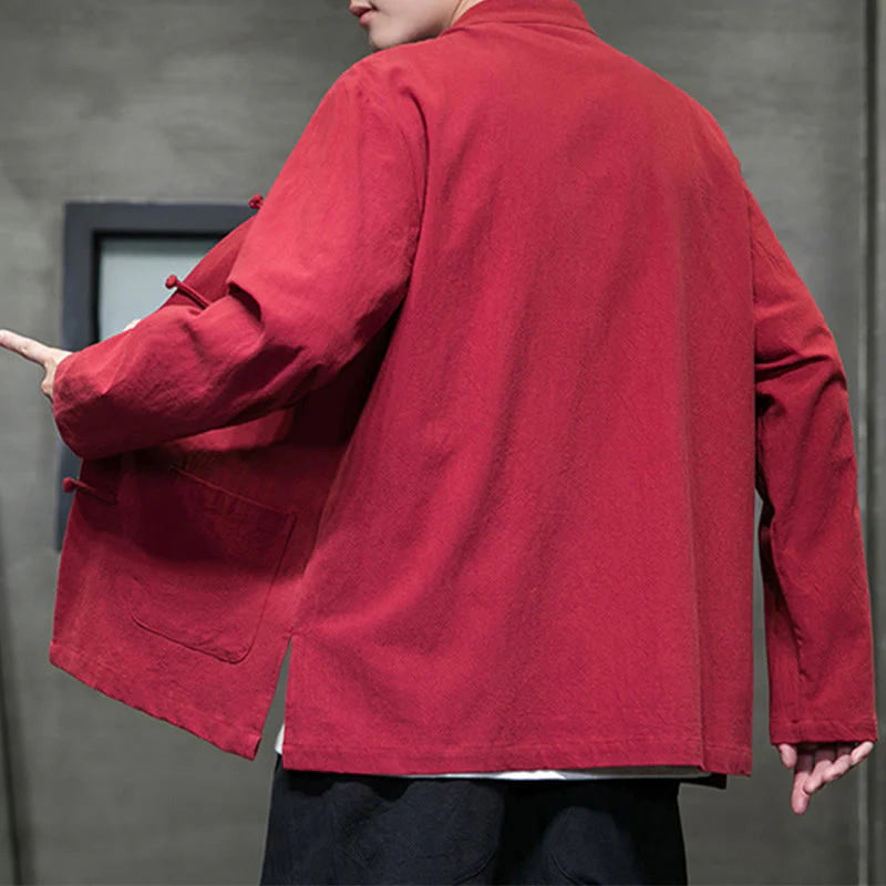 Buddha Stones Solid Color Frog-button Tang Suit Cotton Linen Men's Jacket Shirt With Pockets