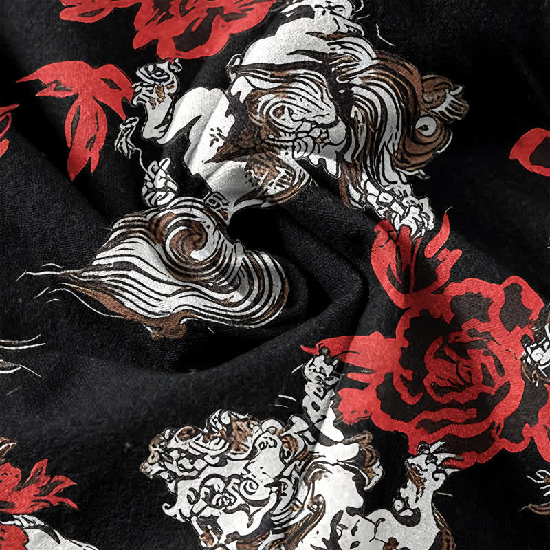 Buddha Stones Cotton Red Floral Cloud Print Henley Men's Short Sleeve Half Button Shirt