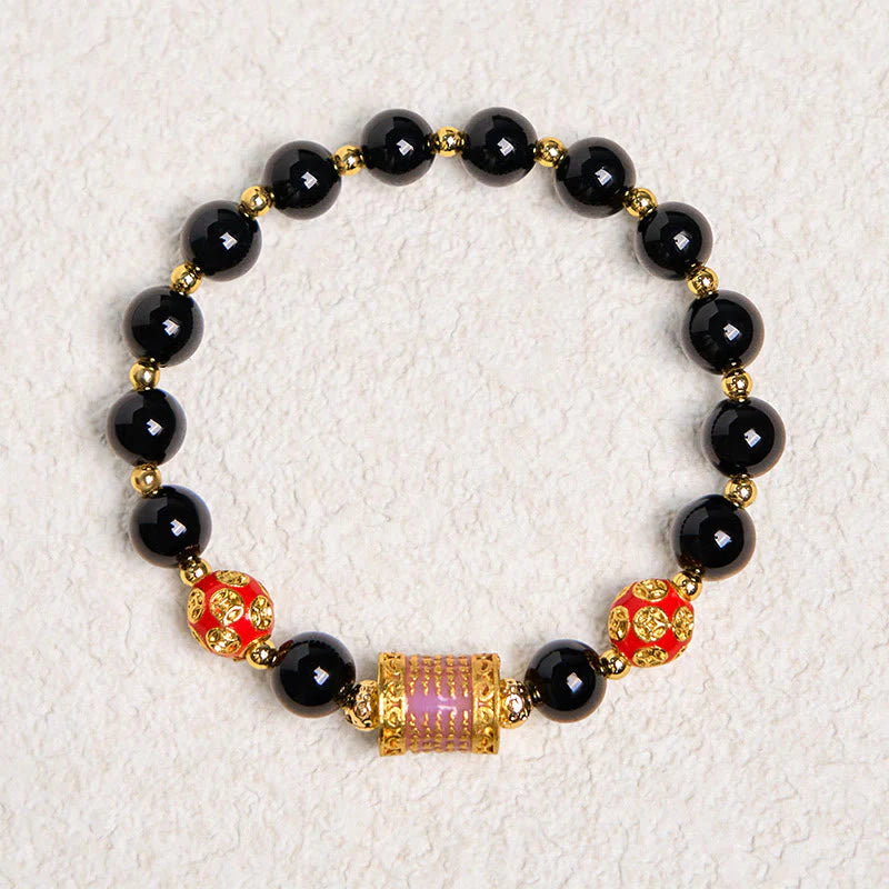 Buddha Stones Natural Black Onyx Five Scripture Copper Coins Fortune Bracelet