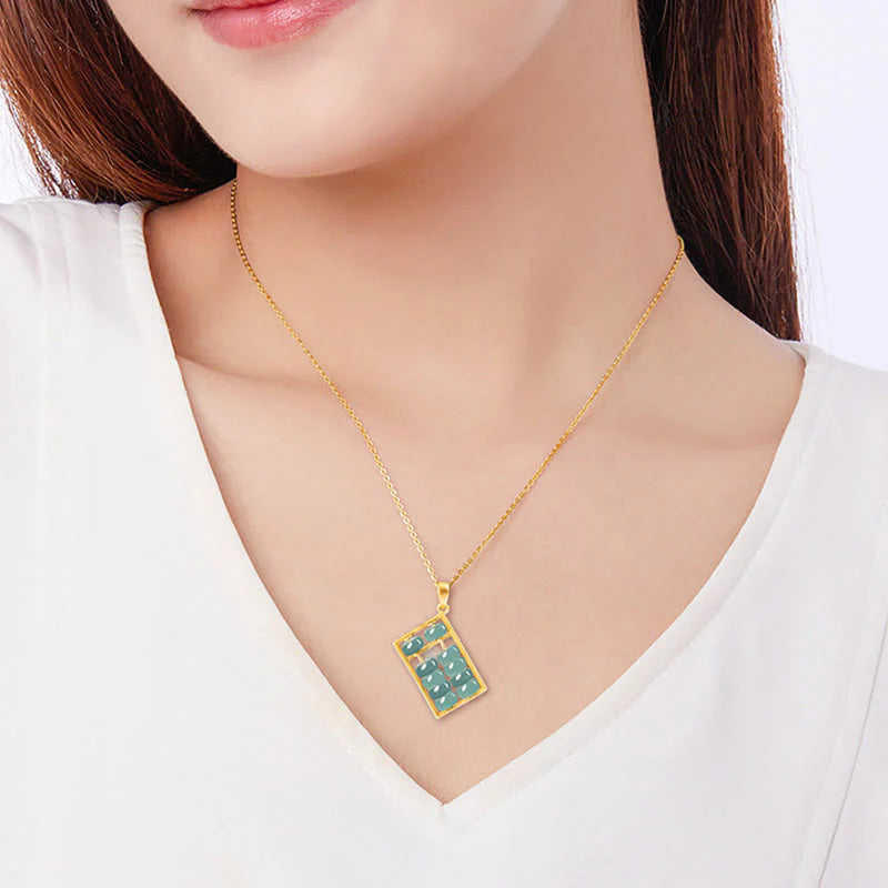 Buddha Stones Natural Jade Abacus Pattern Abundance Titanium Steel Chain Necklace Pendant