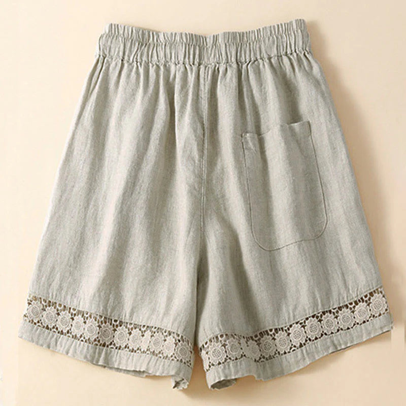 Buddha Stones Plain Color Bottom Hollow Lace Design Lace-up Cotton Women's Shorts With Pockets