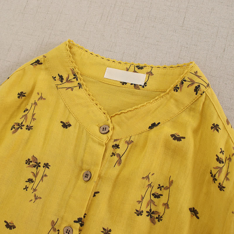 Buddha Stones Spring Small Floral Print Buttons Design Crew Neck Long Sleeve Midi Dress With Pockets