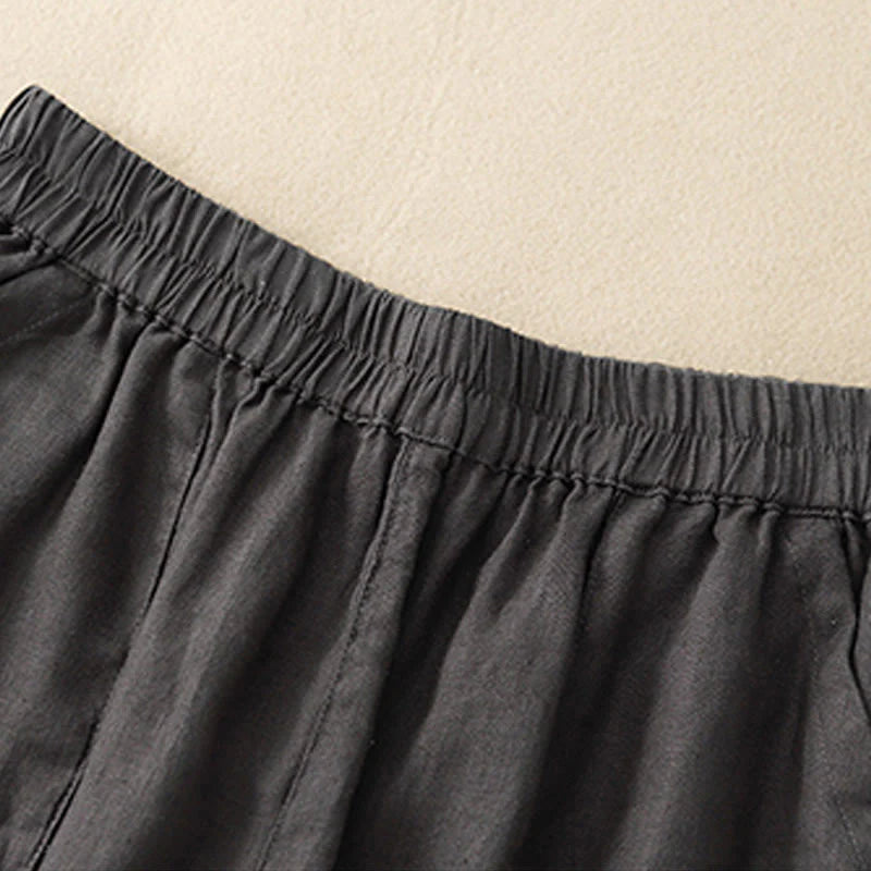 Buddha Stones Summer Casual Plain Cotton Linen Women's Elasti Straight Shorts With Pockets