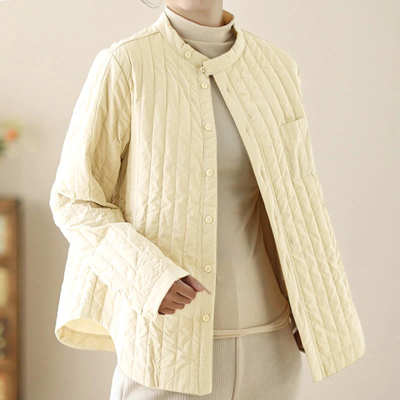 Buddha Stones Women's Stand Collar Simple Design Long Sleeve Thermal Cotton Jacket With Pocket