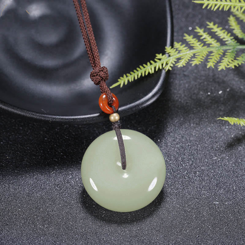 Buddha Stones Round Hetian White Jade Peace Buckle Blessing Necklace Pendant