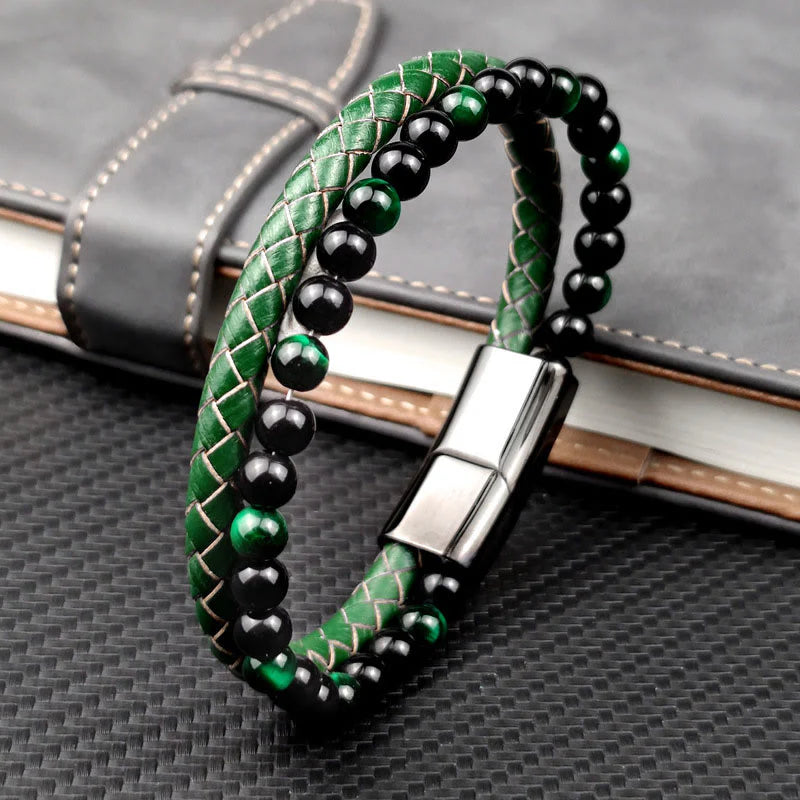 Buddha Stones Green Tiger Eye Double Wrap Braided Leather Strength Bracelet