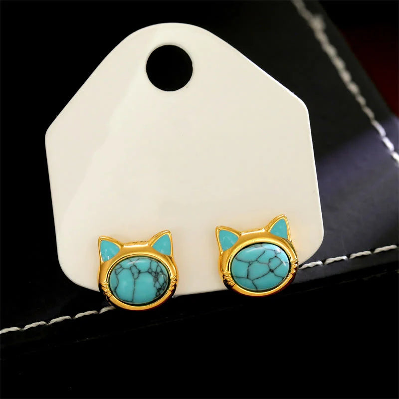 FREE Today: Protection and Courage Turquoise Tiger Eye Cat Head Design Copper Stud Earrings