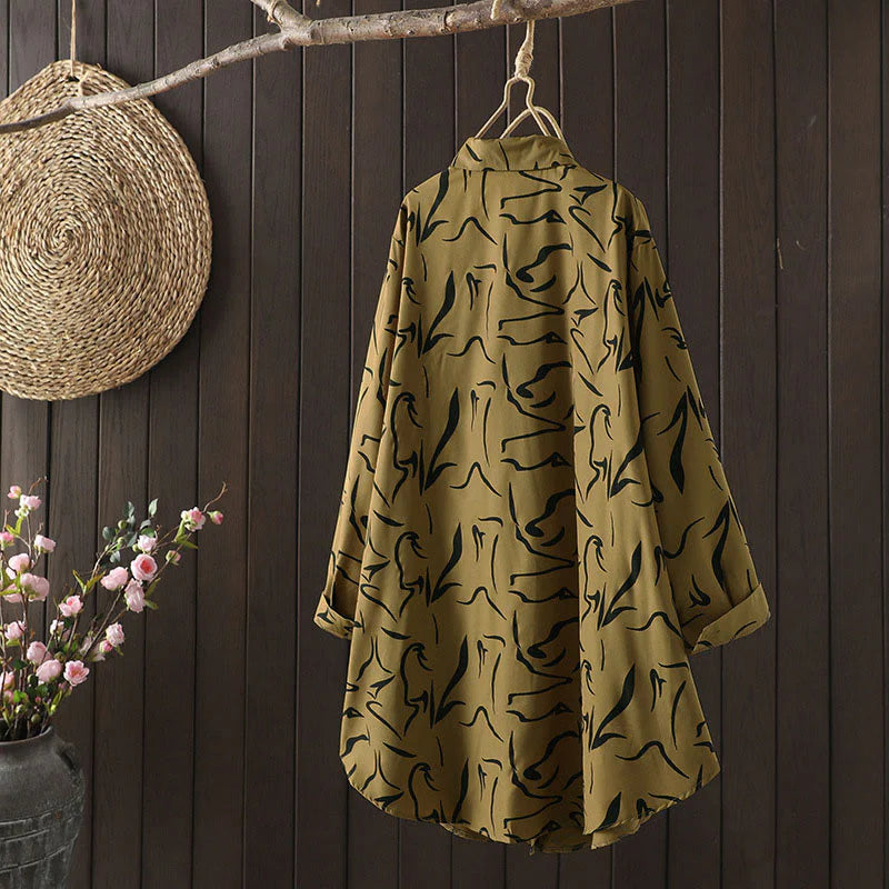 Buddha Stones Spring Fall Stand Collar Line Pattern Long Sleeve Women's Cotton Polyester Shirt