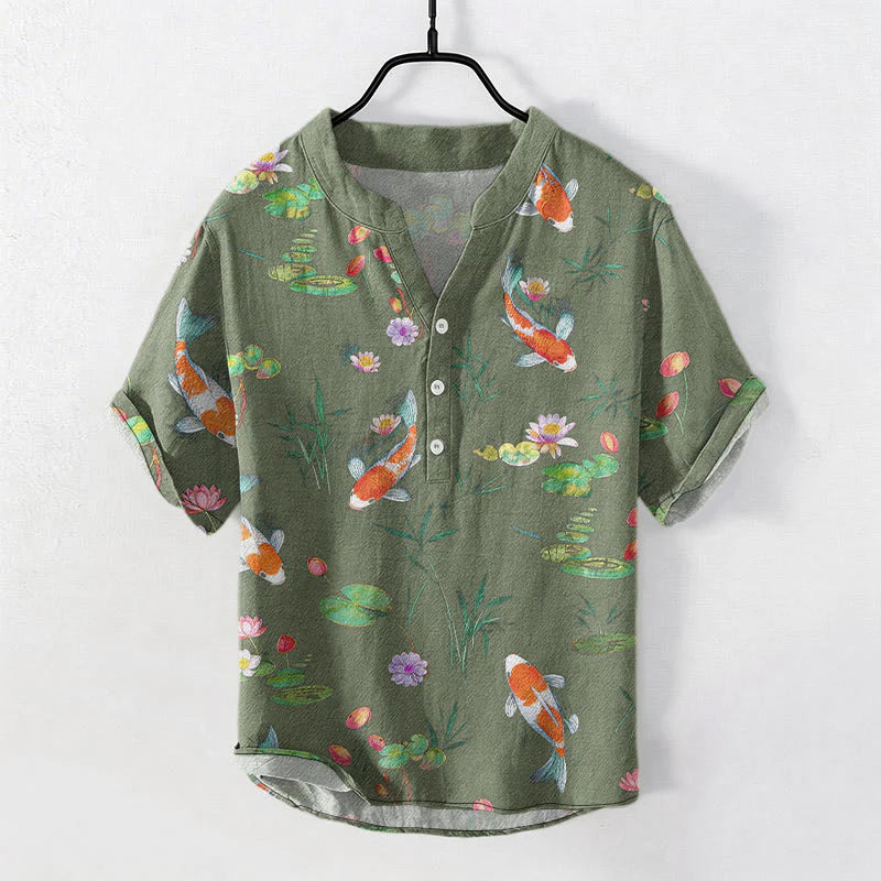 Buddha Stones Cotton Koi Fish Lotus Pattern Men's Short Sleeve Half Button Shirt