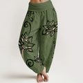Buddha Stones Pure Cotton Casual Lotus Auspicious Clouds Design Women's Elastic Waist Harem Pants