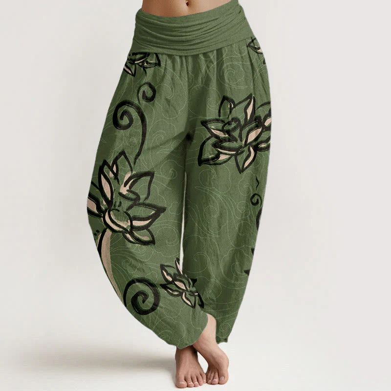 Buddha Stones Pure Cotton Casual Lotus Auspicious Clouds Design Women's Elastic Waist Harem Pants