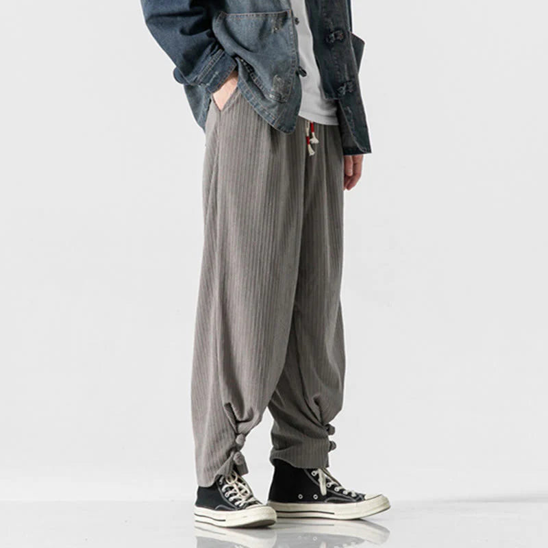 Buddha Stones Fall Winter Men's Pure Color Button Design Cotton Straight Leg Pants With Pockets