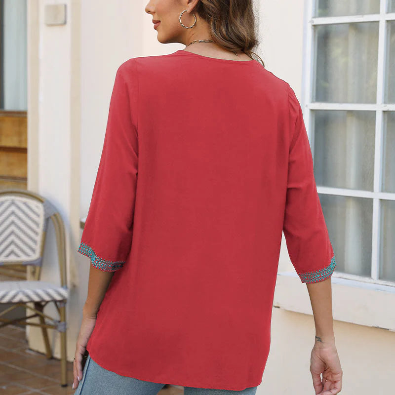 Buddha Stones Summer Casual Embroidery Flower Leaf Half Sleeve V-neck Cotton Women's T-Shirt