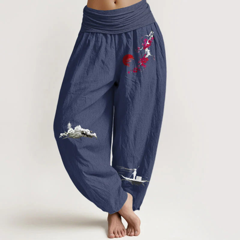 Buddha Stones Plum Blossoms Mountain Fisherman Pattern Pure Cotton Women's Elastic Waist Harem Pants