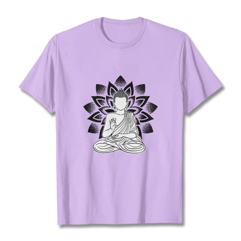 Buddha Stones Seated Buddha Lotus Flower Pattern Tee T-shirt