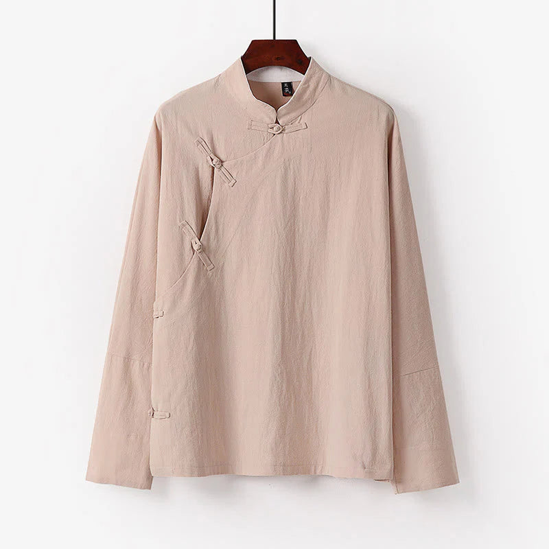 Buddha Stones Vintage Plain Chinese Frog-Button Cotton Long Sleeve Men's Shirt