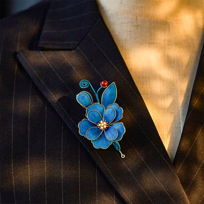 Buddha Stones Handcrafted Silk Art Velvet Flower Light Blue Flower Brooch