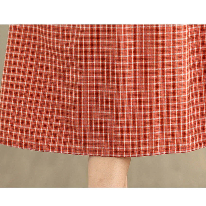 Buddha Stones Retro Solid Color Plaid Pattern Crew Neck Short Sleeve Cotton Linen Midi Dress With Pockets