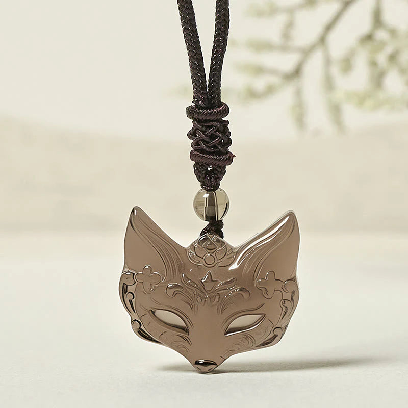 Buddha Stones Relief Fox Design Silver Sheen Obsidian Ice Obsidian Protection Necklace Pendant
