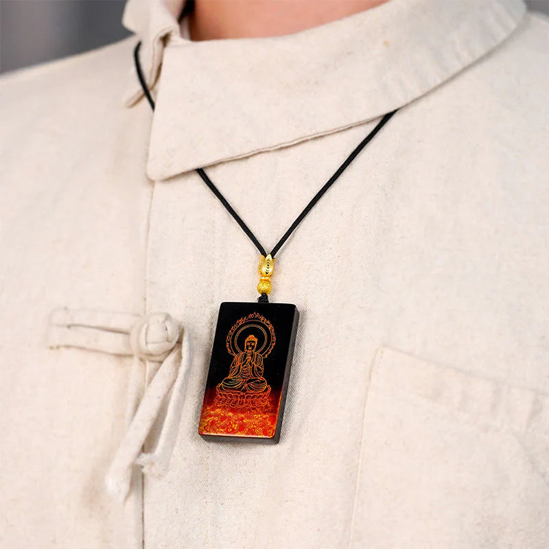 Buddha Stones Chinese Zodiac Natal Buddha Fu Character Lacquer Craft Sandalwood Pendant Necklace