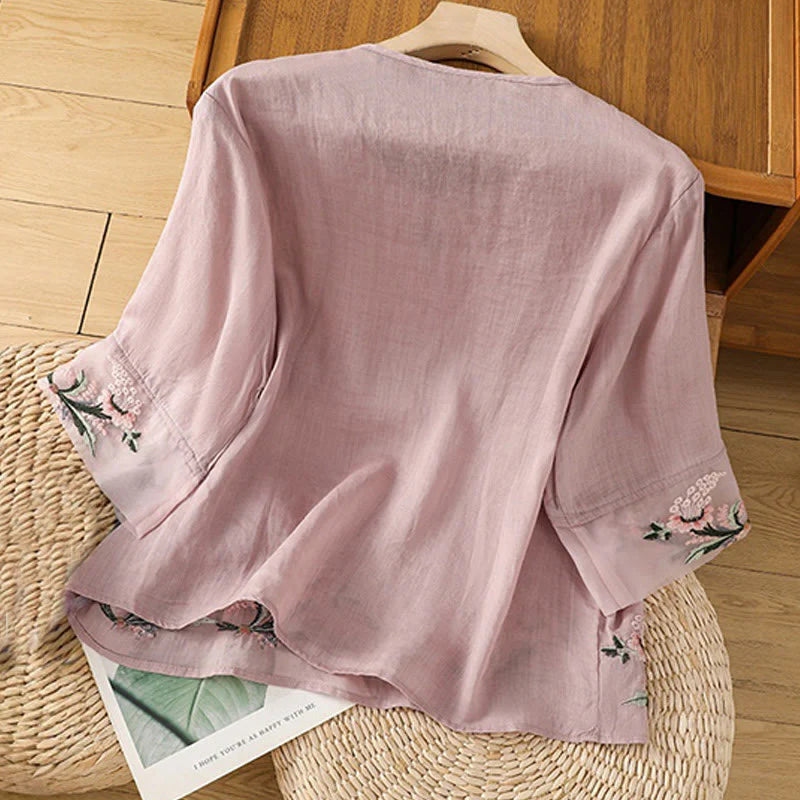 Buddha Stones Casual Floral Embroidery Crew Neck Women's Frog-Button Polyester Half Sleeve Shirt