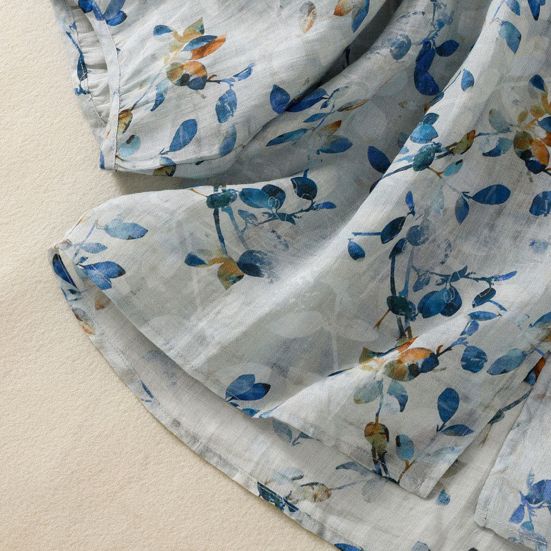 Buddha Stones Blue Floral V-Neck Three Quarter Sleeve Women's Cotton Shirt