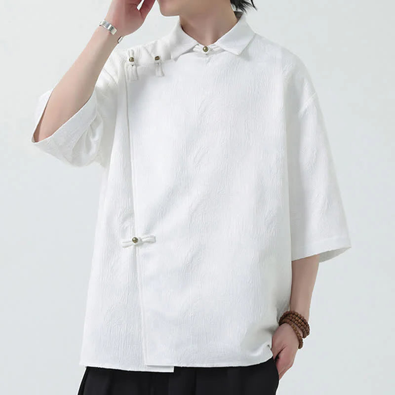 Buddha Stones Summer Mandarin Collar Textured Jacquard Men's Elbow Sleeve Shirt