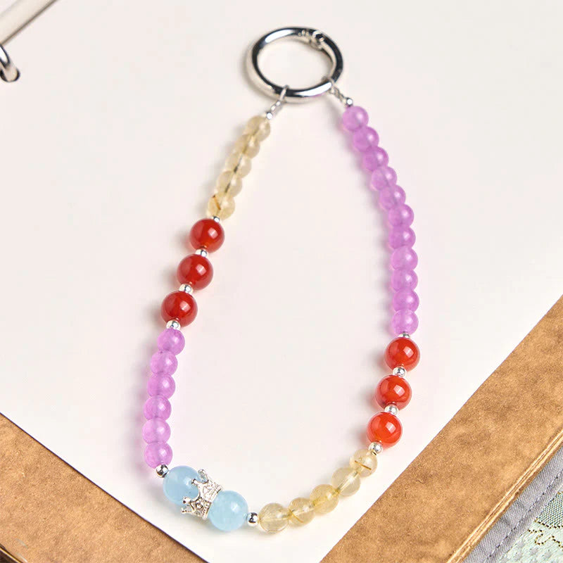 Buddha Stones Purple Chalcedony Citrine Crown Beaded Harmony Key Chain Phone Hanging Decoration