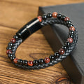 Buddha Stones Black Onyx Tiger Eye Titanium Steel Leather Protection Bracelet