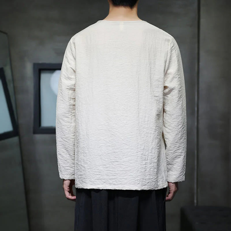 Buddha Stones Solid Color Loose Long Sleeve Round Neck Men's Shirts