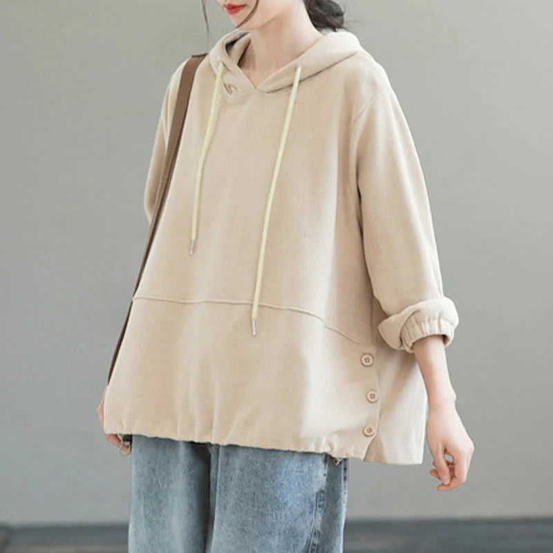 Buddha Stones Fall Solid Color Side Buttons Cotton Long Sleeve Women's Hoodie