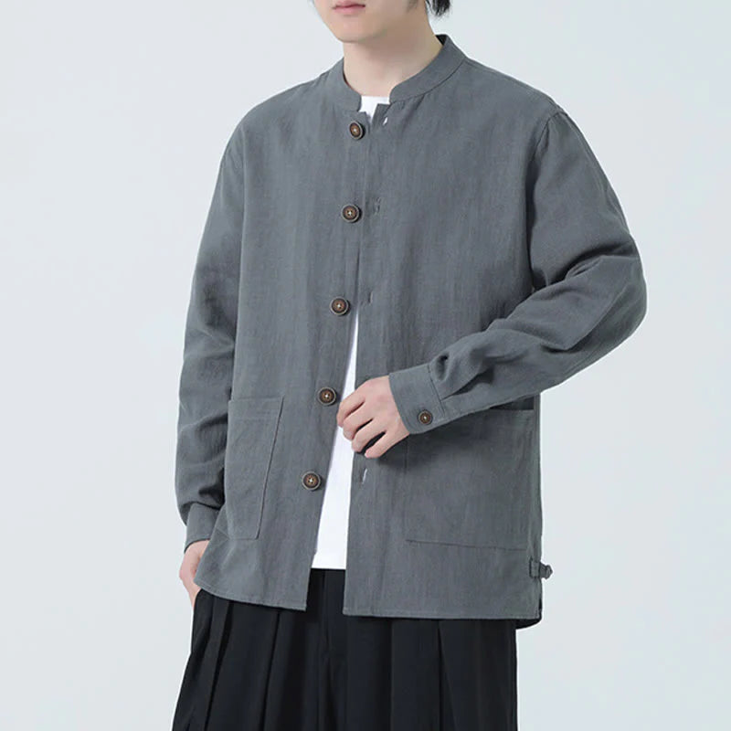 Buddha Stones Men's Button Ramie Linen Cotton Fleece Lined Jacket Shirt With Pockets