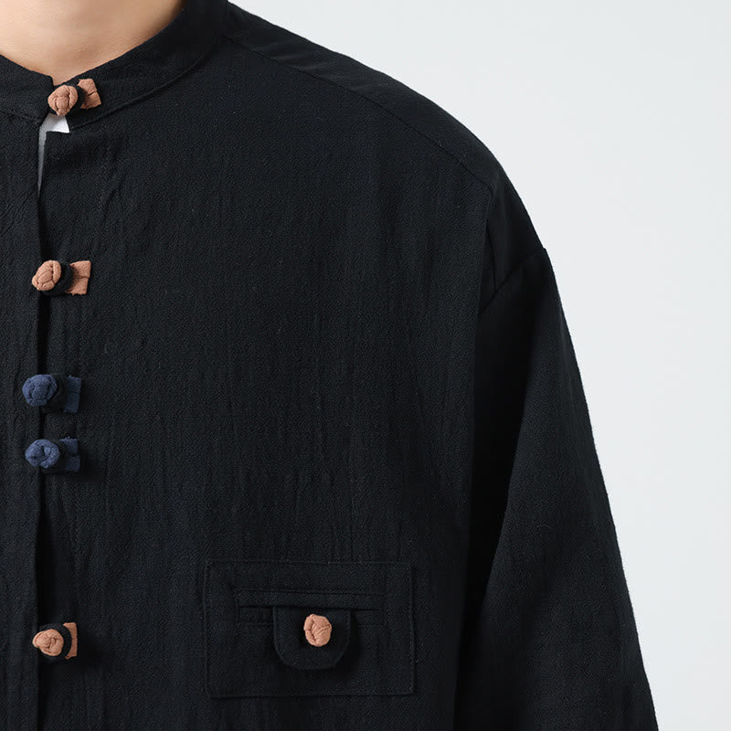 Buddha Stones Summer Frog-Button Front Stand Collar Men's Three Quarter Sleeve Cotton Shirt Cardigan With Pocket