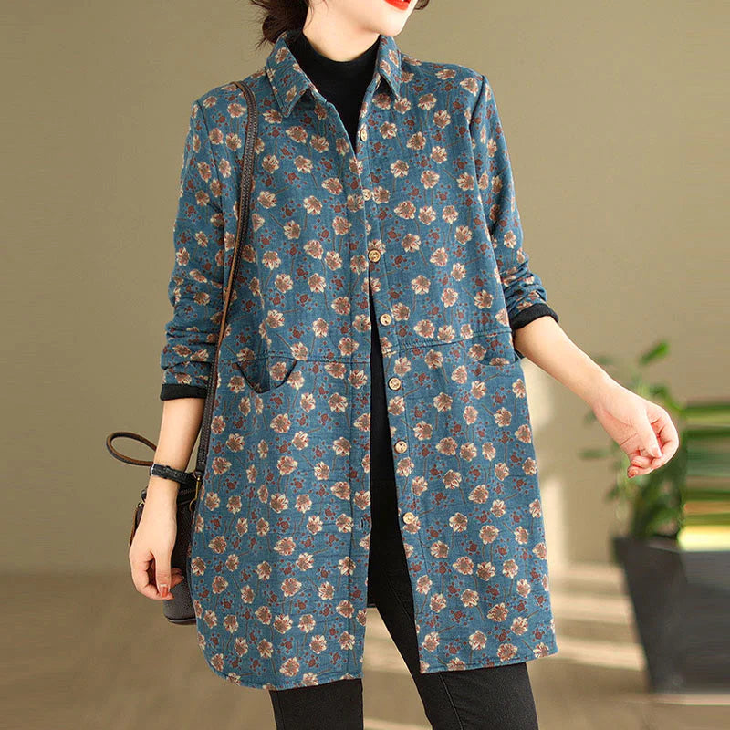 Buddha Stones Fall Winter Buttons Flower Patterns Long Sleeve Cotton Women's Jacket With Pockets