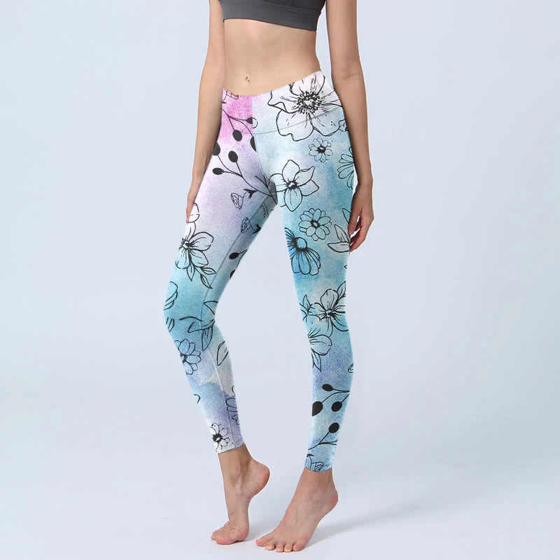 Buddha Stones Black Line-Drawn Flower Leaves Pattern Print Gym Leggings Women's Yoga Pants