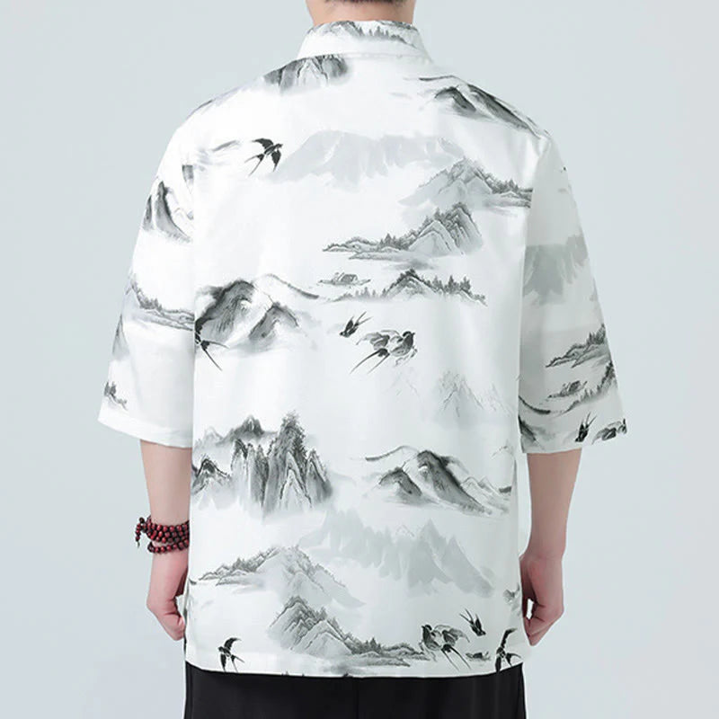 Buddha Stones Printing Chinese Ink Landscape Pattern Men's Frog-button Half Sleeve Shirts