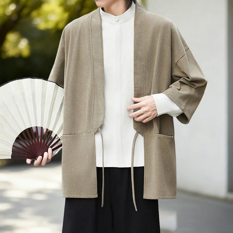 Buddha Stones Fall Solid Color White Men's Long Sleeve Cotton Linen Shirt Corduroy Kimono