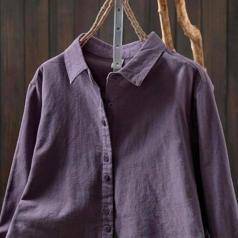 Buddha Stones Fall Solid Color Button Down Stand Collar Long Sleeve Women's Cotton Shirt