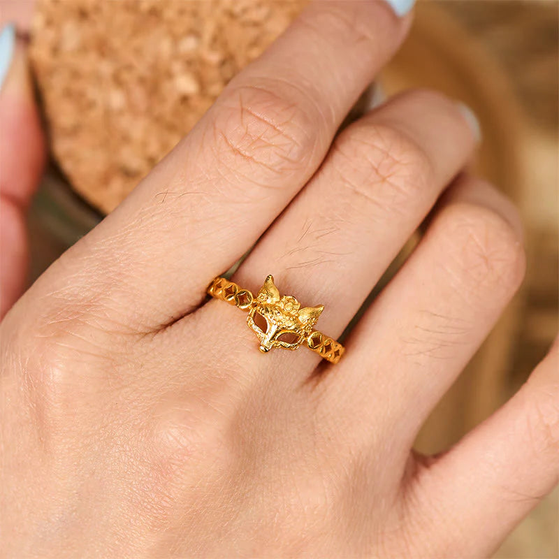 Buddha Stones 24k Gold Plated Brass Fox Coin Hollow Design Adjustable Ring