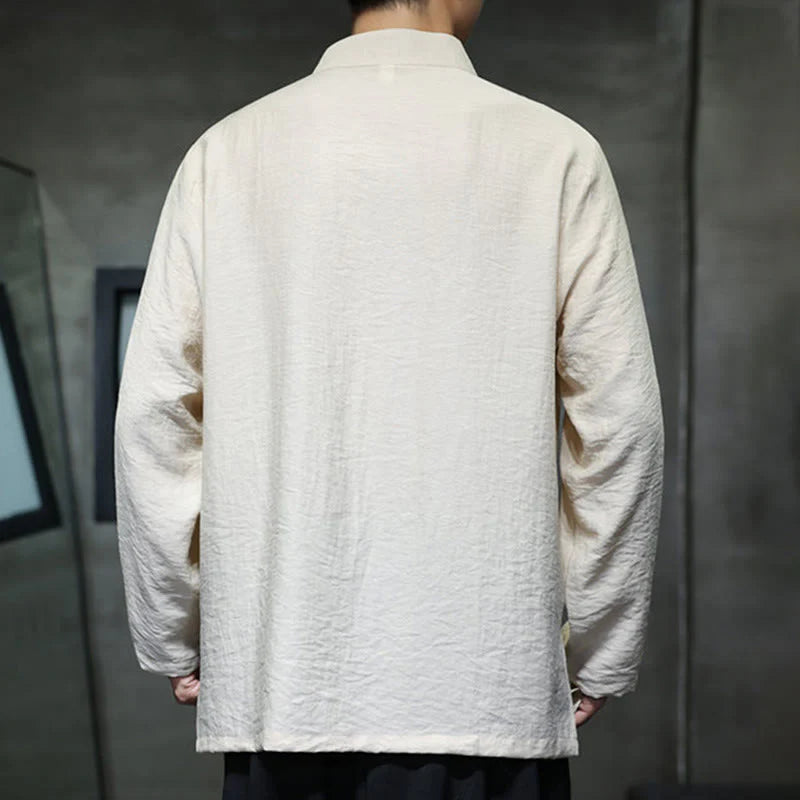 Buddha Stones Fall Solid Color Bamboo Leaf Embroidery Men's Long Sleeve Cotton Linen Shirt